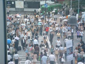 Looking down at the busy street in Shibuya from starbucks